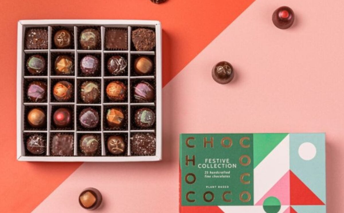 Photo shows Chococo's festive vegan selection box of chocolates