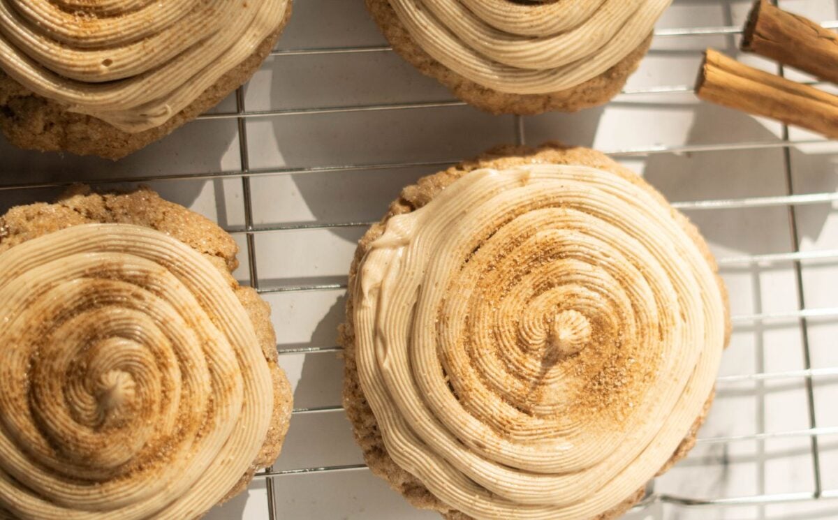 Four vegan churros cookies on a baking tray