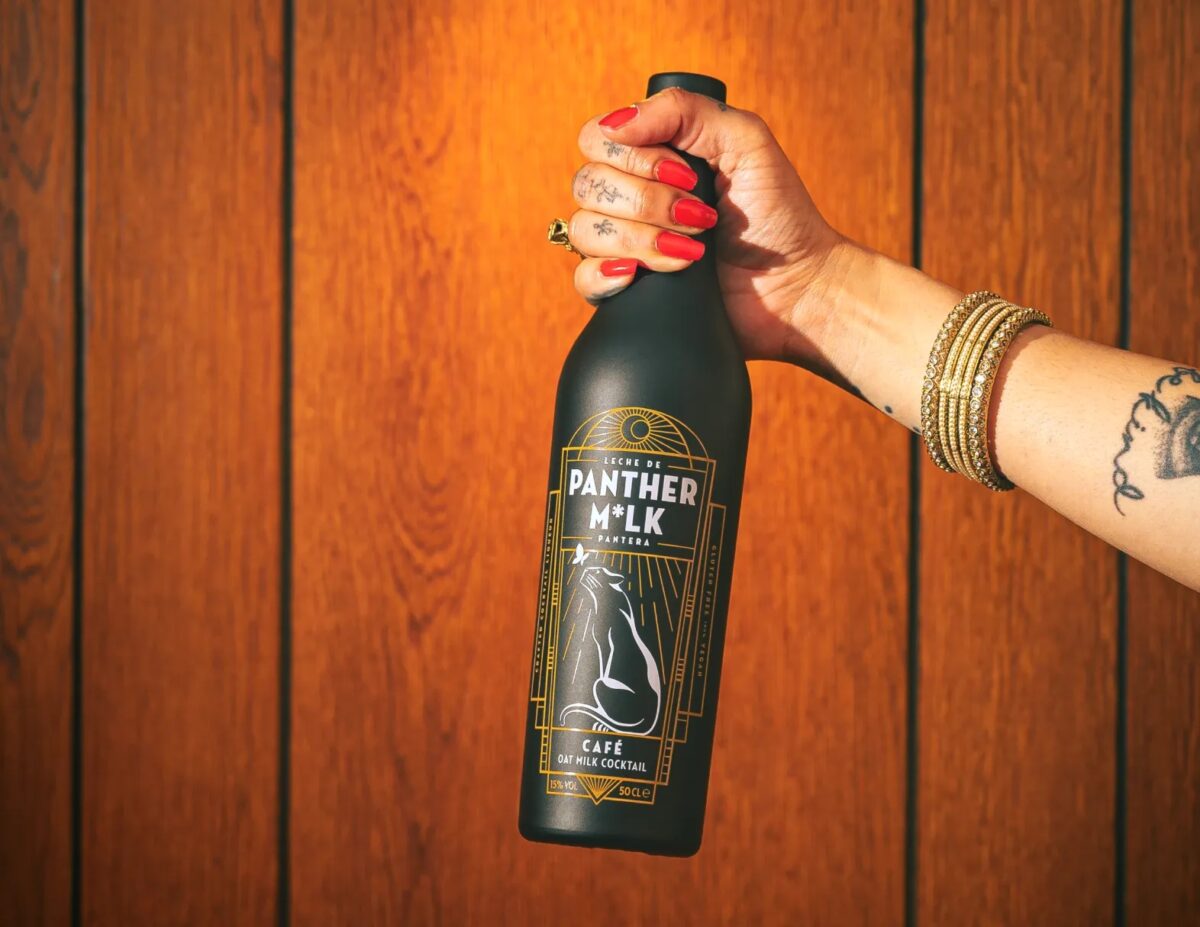 A bottle of vegan oat milk-based liqueur "Panther M*lk"