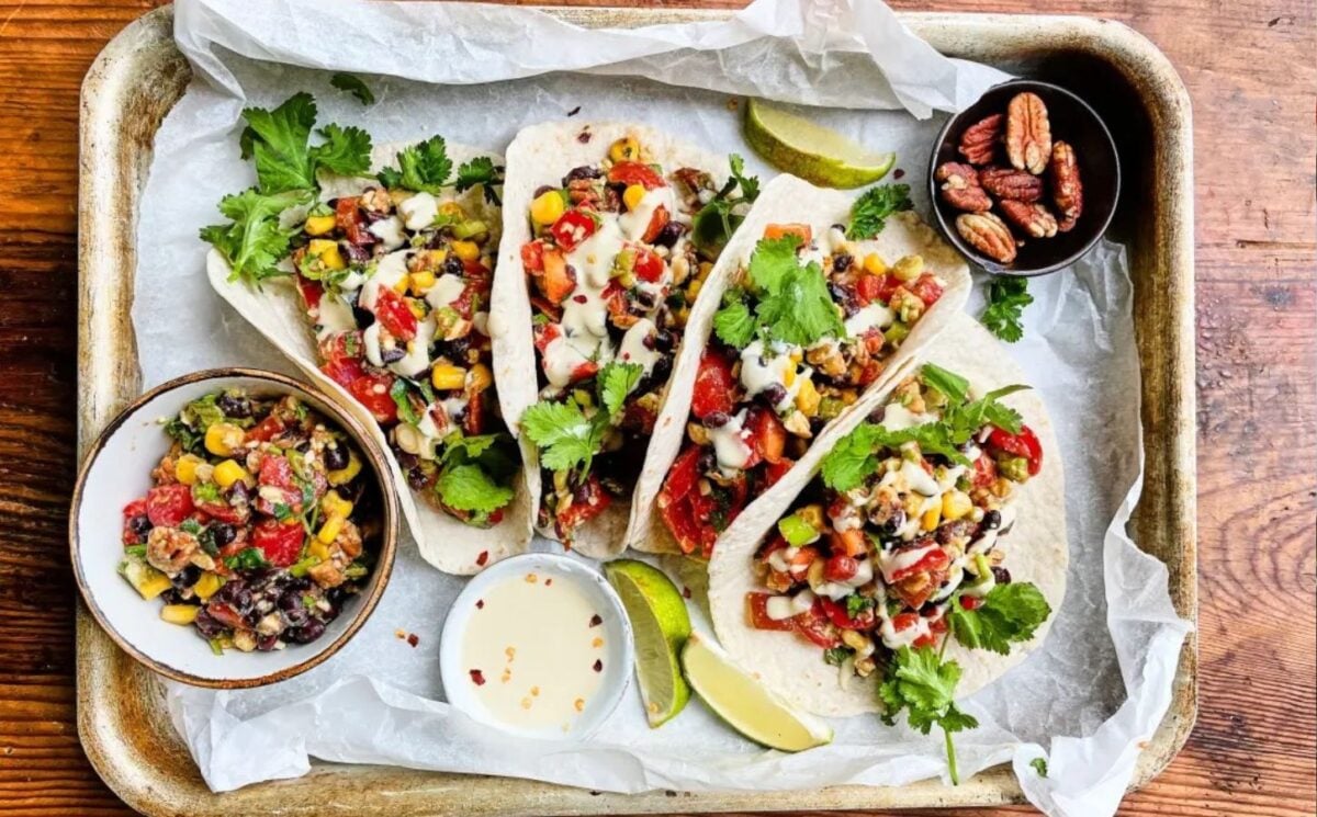 Photo shows the "Quick & Easy Tacos" from Viva! and Vegan Strong PlantBuilt's v7 high protein meal plan