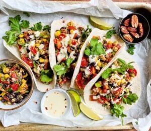 Photo shows the "Quick & Easy Tacos" from Viva! and Vegan Strong PlantBuilt's v7 high protein meal plan