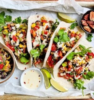 Photo shows the "Quick & Easy Tacos" from Viva! and Vegan Strong PlantBuilt's v7 high protein meal plan