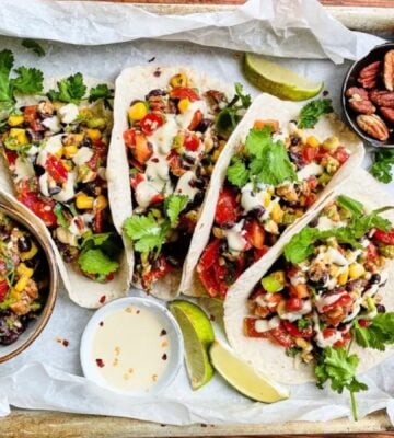 Photo shows the "Quick & Easy Tacos" from Viva! and Vegan Strong PlantBuilt's v7 high protein meal plan