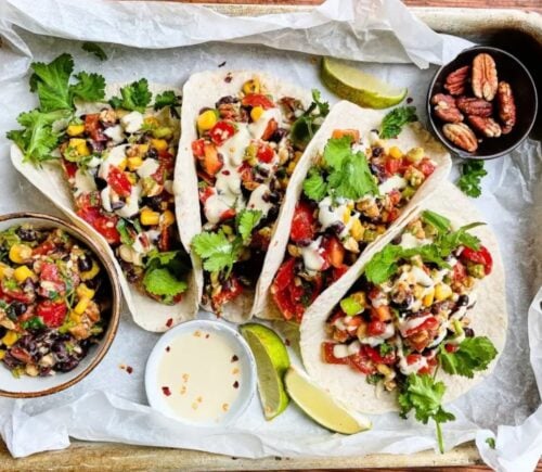 Photo shows the "Quick & Easy Tacos" from Viva! and Vegan Strong PlantBuilt's v7 high protein meal plan