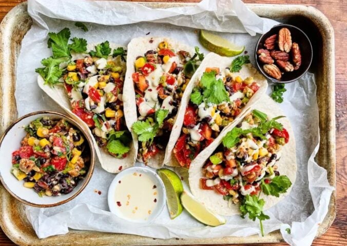 Photo shows the "Quick & Easy Tacos" from Viva! and Vegan Strong PlantBuilt's v7 high protein meal plan