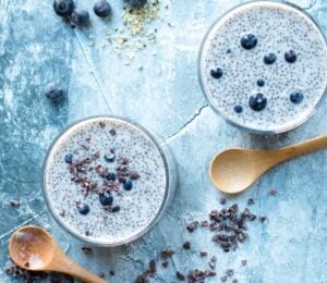 two bowls of blueberries and cream chia pudding