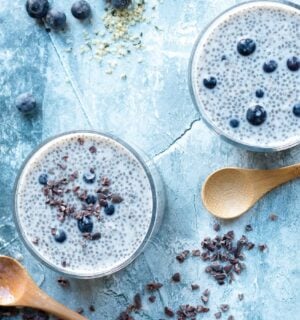 two bowls of blueberries and cream chia pudding