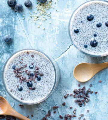 two bowls of blueberries and cream chia pudding