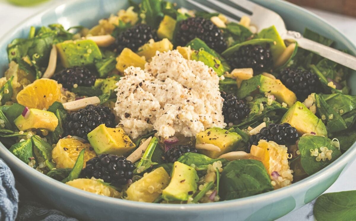 a bowl of bright and lively citrus salad made with quinoa, spinach, macadamia nut ricotta, and blackberries