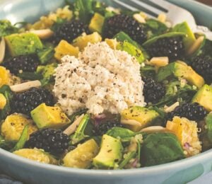 a bowl of bright and lively citrus salad made with quinoa, spinach, macadamia nut ricotta, and blackberries