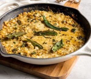 vegan cheesy haricot beans and leeks skillet made with vegan cheese