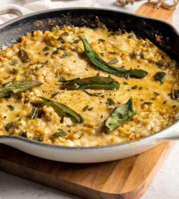 vegan cheesy haricot beans and leeks skillet made with vegan cheese