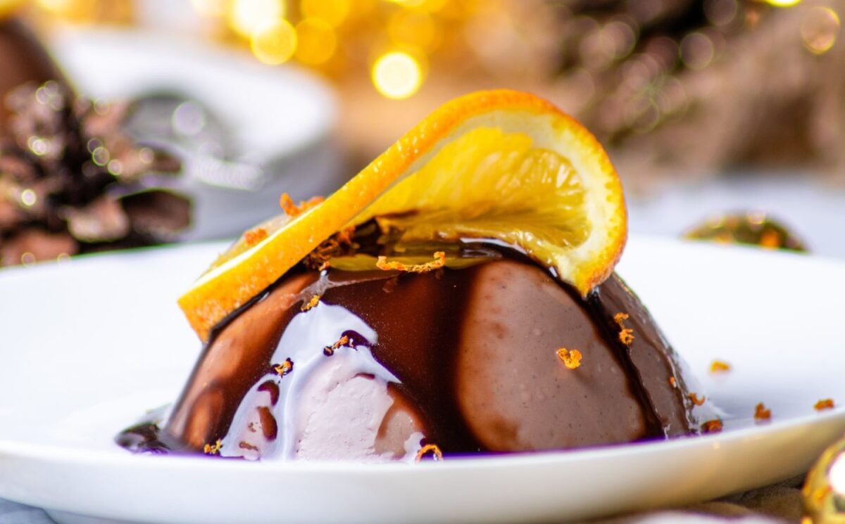 a single serving of a vegan chocolate orange dessert for Christmas