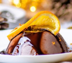 a single serving of a vegan chocolate orange dessert for Christmas