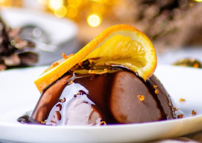 a single serving of a vegan chocolate orange dessert for Christmas