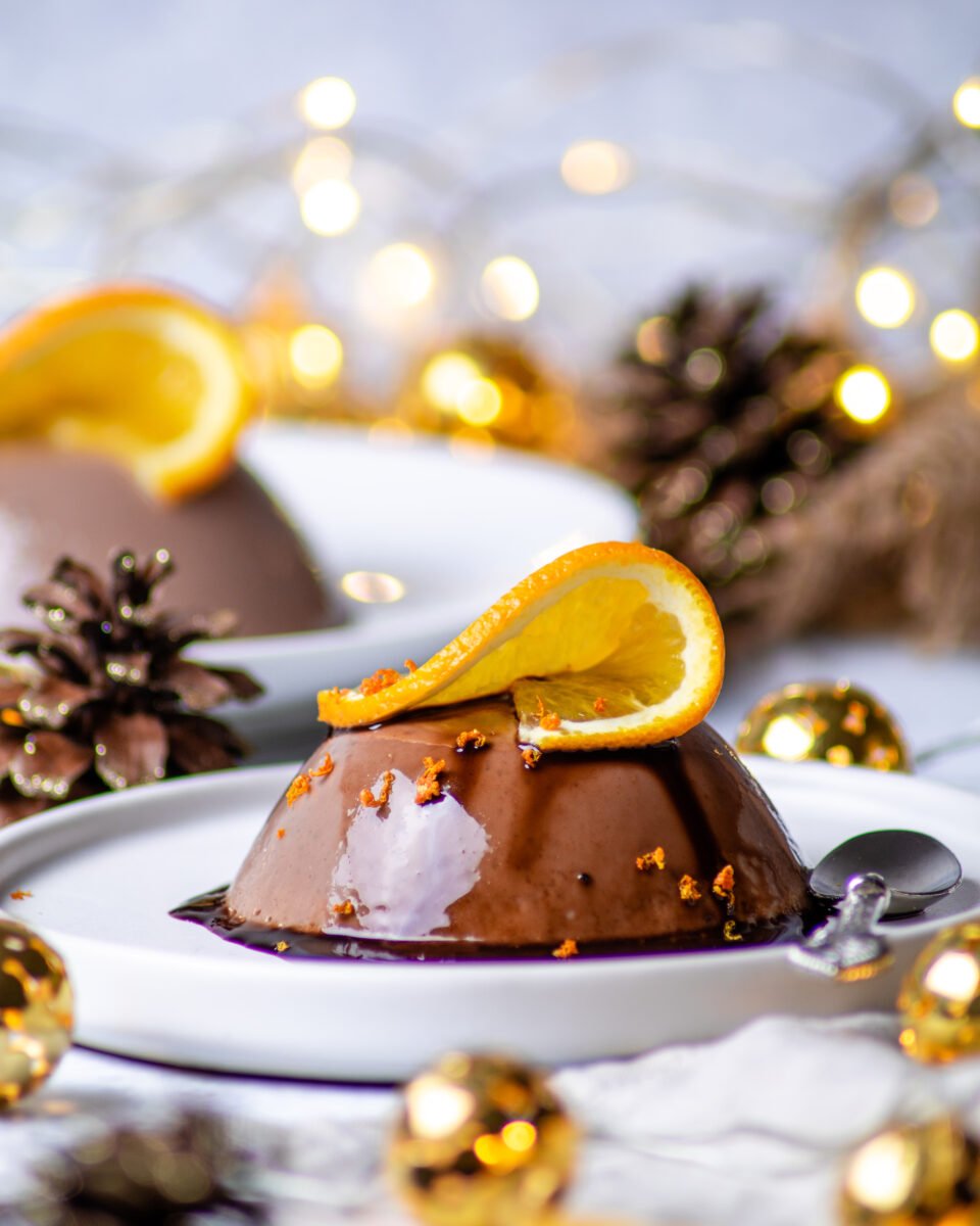 a single serving of a vegan chocolate orange dessert for Christmas