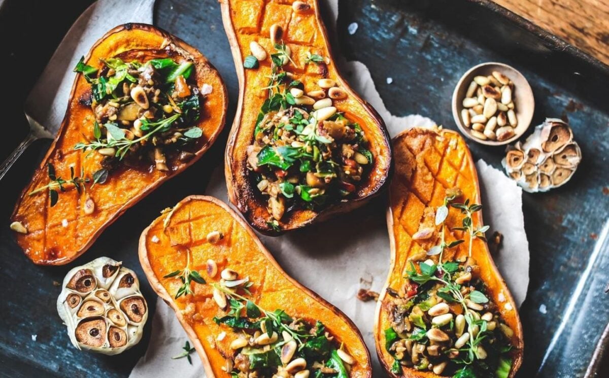 vegan Baked Butternut Squash with Mushroom Filling, part of vegan recipes to serve at your Christmas party