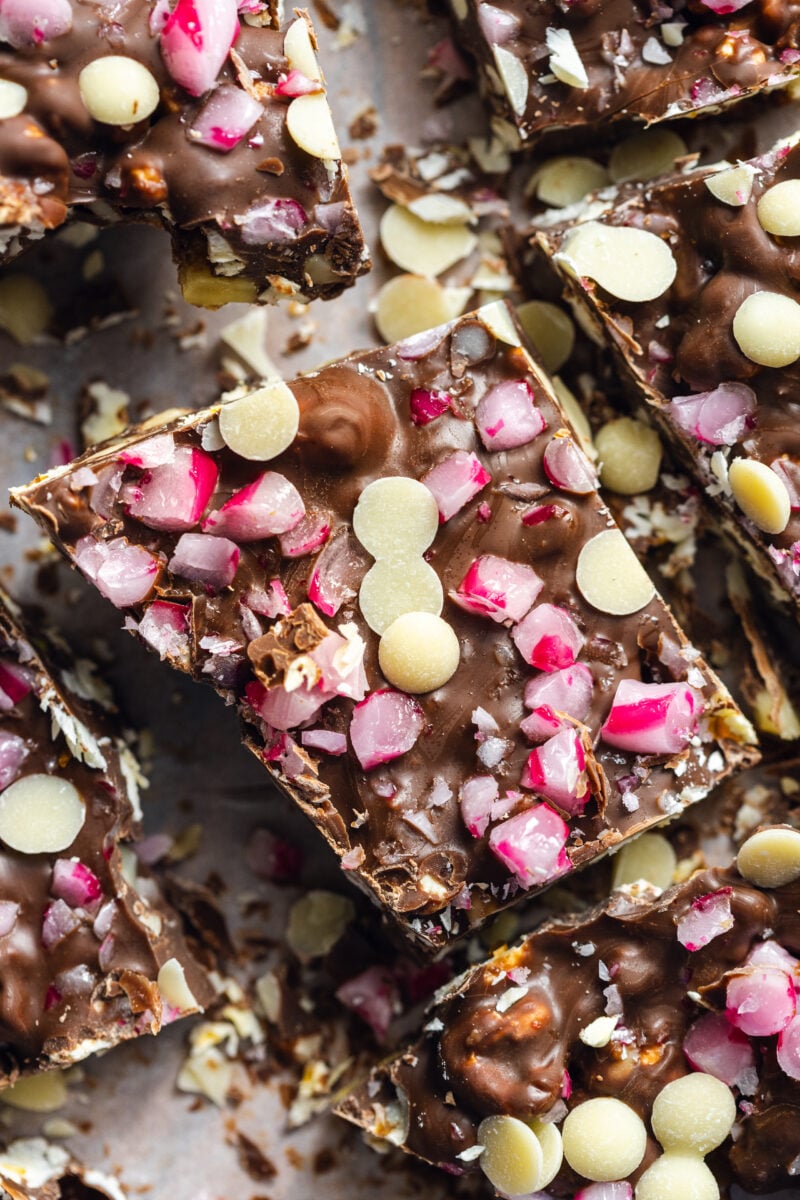 a tray of Christmas popcorn bark made with all vegan ingredients