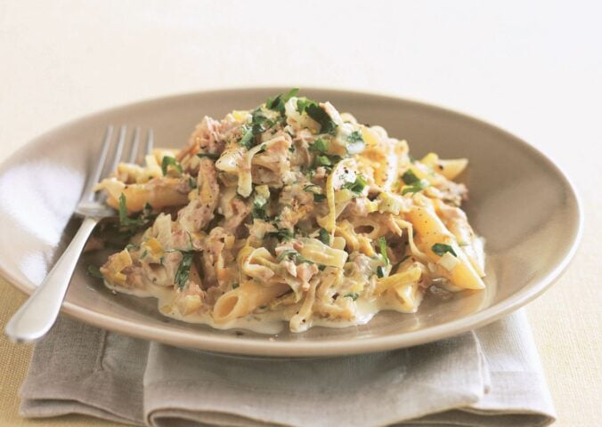 a bowl of vegan creamy tuna and leek pasta