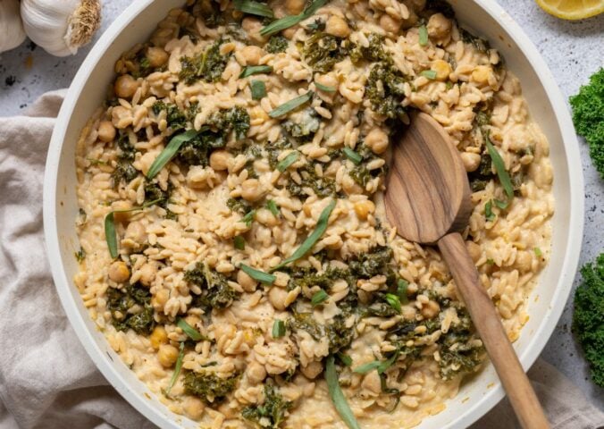 a picture of a garlic butter chickpea skillet made with chickpea rice