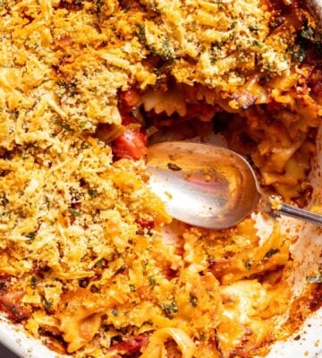 A cheesy smoky leek pasta bake made to a vegan and dairy-free recipe