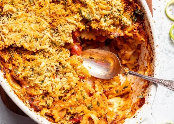 A cheesy smoky leek pasta bake made to a vegan and dairy-free recipe