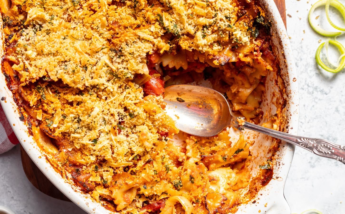 A cheesy smoky leek pasta bake made to a vegan and dairy-free recipe