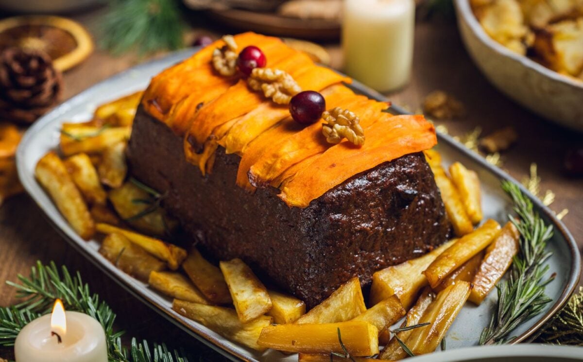 a picture of a lentil and walnut loaf with cranberry glaze made with lentils, walnuts, cranberries, and orange