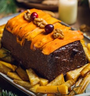 a picture of a lentil and walnut loaf with cranberry glaze made with lentils, walnuts, cranberries, and orange