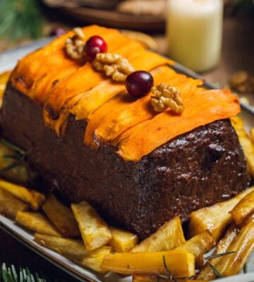 a picture of a lentil and walnut loaf with cranberry glaze made with lentils, walnuts, cranberries, and orange