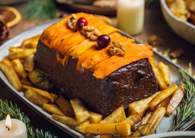 a picture of a lentil and walnut loaf with cranberry glaze made with lentils, walnuts, cranberries, and orange