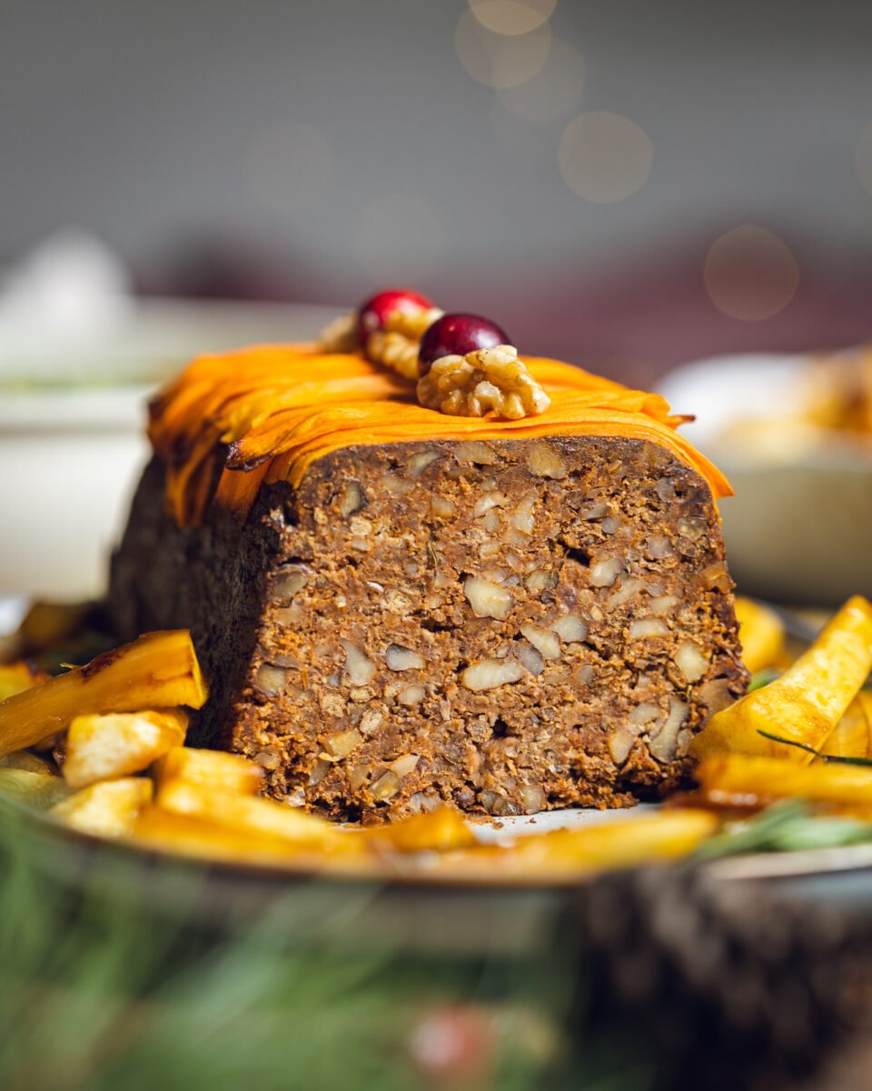 a picture of a lentil and walnut loaf with cranberry glaze made with lentils, walnuts, cranberries, and orange