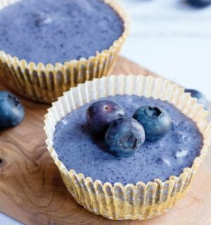 a picture of two mini blueberry cheesecakes with blueberries for decoration