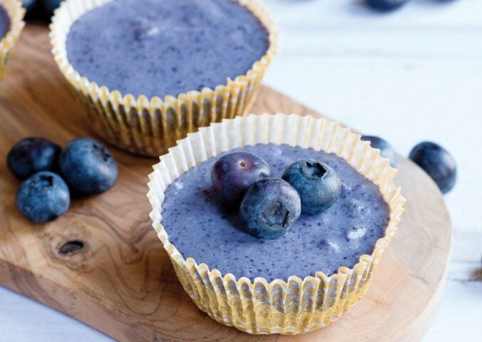 a picture of two mini blueberry cheesecakes with blueberries for decoration