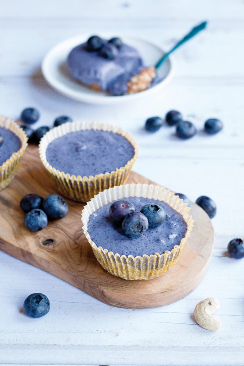 a picture of two mini blueberry cheesecakes with blueberries for decoration