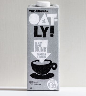 Photo shows a carton of Oatly's popular barista style oat milk