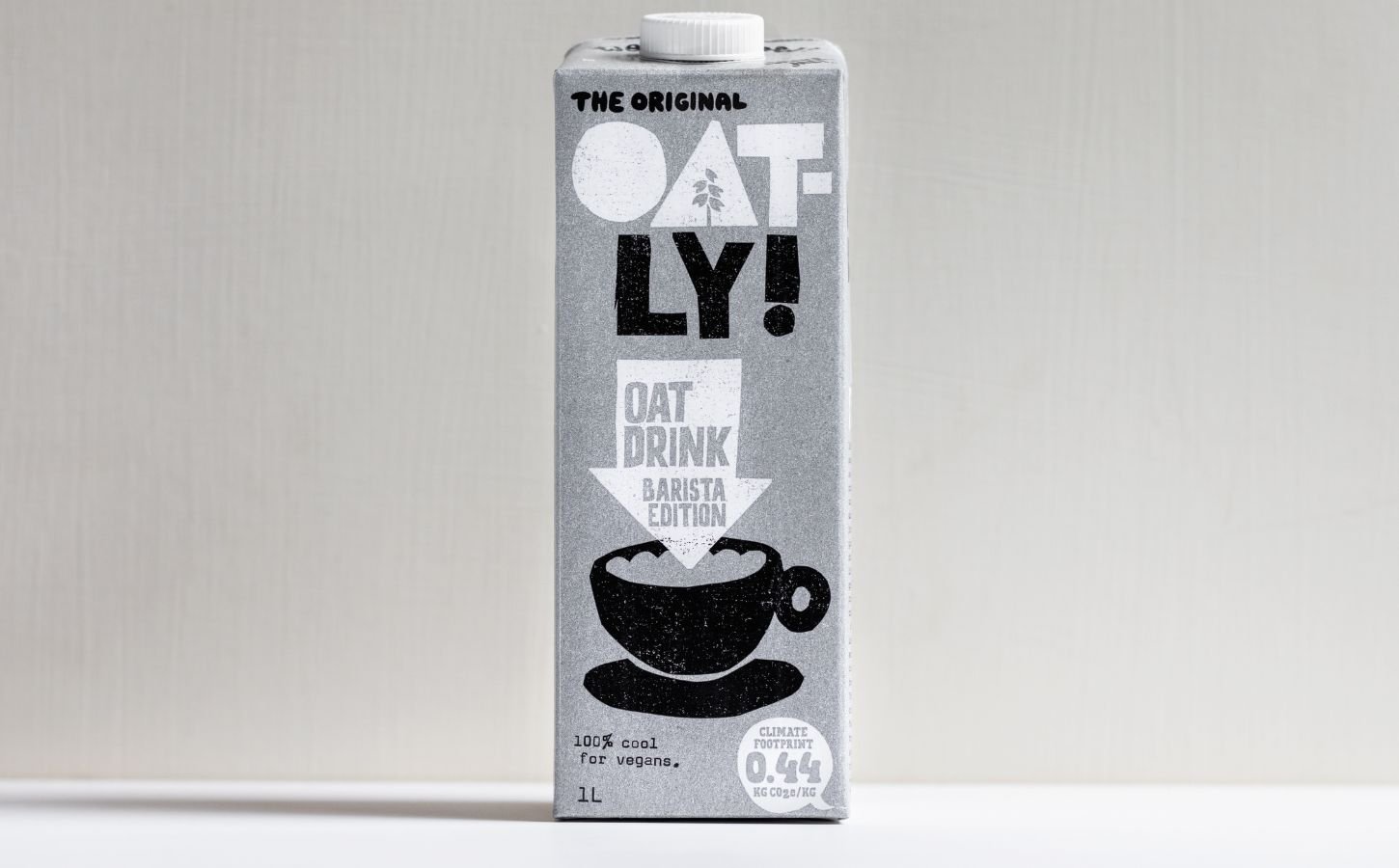 Photo shows a carton of Oatly's popular barista style oat milk