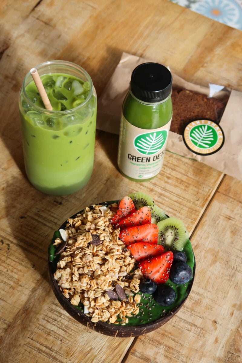 A vegan granola dish and juice from vegan restaurant PLANT SHACK