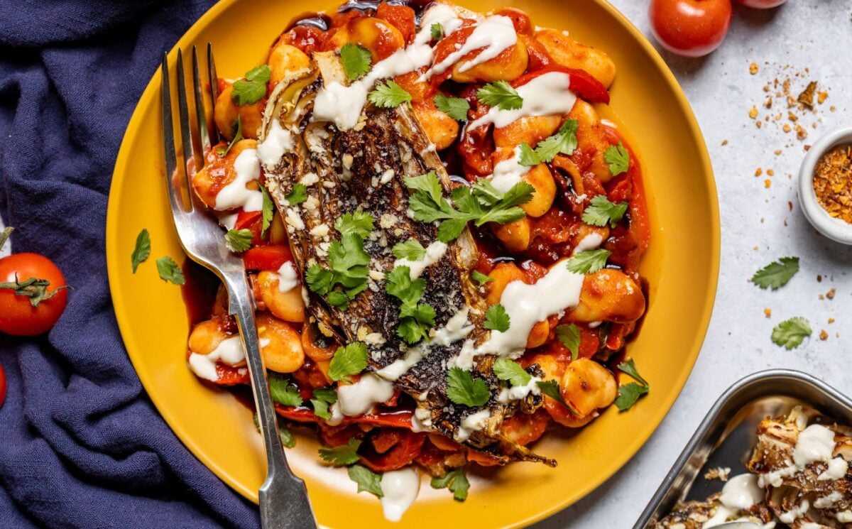 a plate of seared balsamic cabbage on harissa butter beans with coconut yogurt dressing