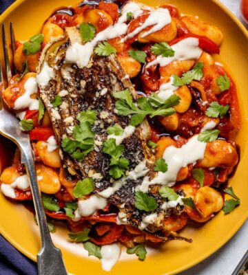 a plate of seared balsamic cabbage on harissa butter beans with coconut yogurt dressing