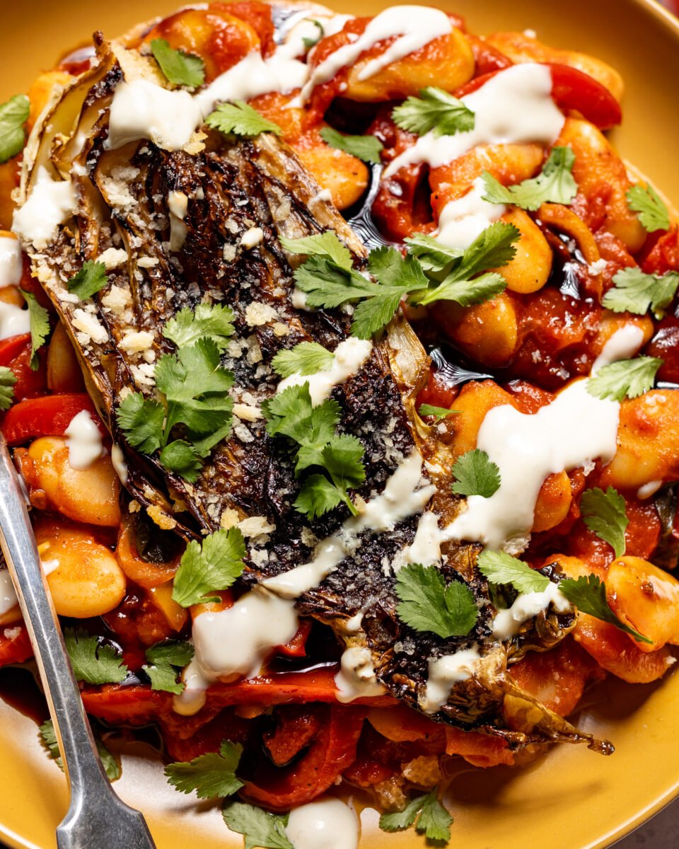 a plate of seared balsamic cabbage on harissa butter beans with coconut yogurt dressing