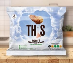 A pack of vegan chicken wings on a kitchen top