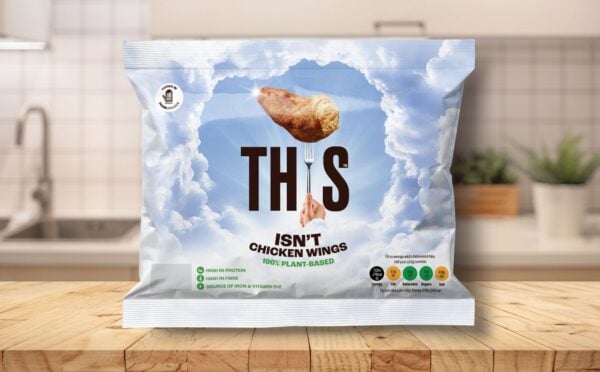 A pack of vegan chicken wings on a kitchen top