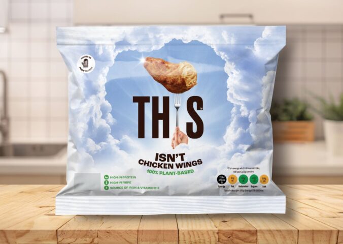 A pack of vegan chicken wings on a kitchen top