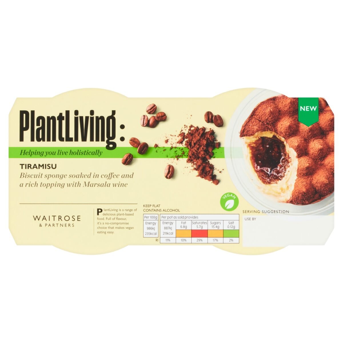 A product image of two small vegan tiramisus from Waitrose