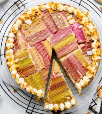 a picture of an upside-down rhubarb coconut cake made with all vegan ingredients