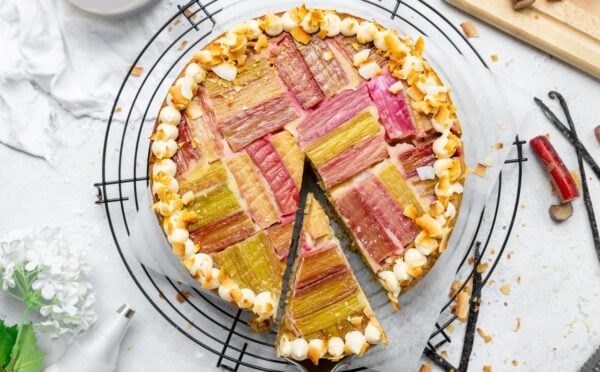 a picture of an upside-down rhubarb coconut cake made with all vegan ingredients