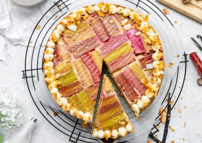 a picture of an upside-down rhubarb coconut cake made with all vegan ingredients