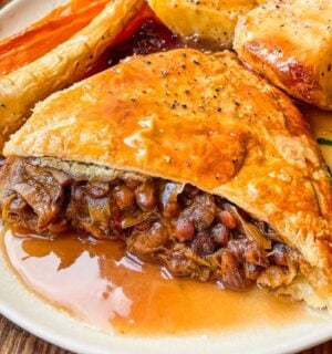 A vegan chestnut, mushroom, and red wine pithivier