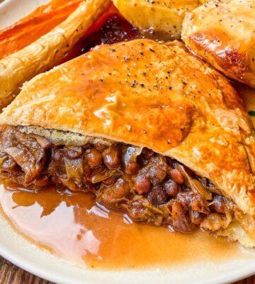 A vegan chestnut, mushroom, and red wine pithivier